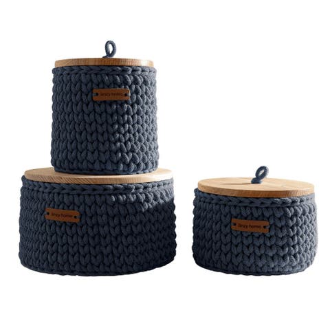 Round Storage Baskets w/ Wooden Lid Recycled - Set of 3