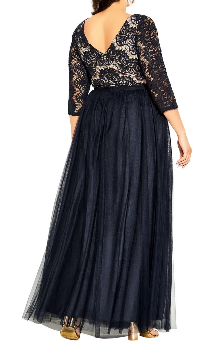 City Chic V-Neck Lace & Tulle Gown, Alternate, color, 