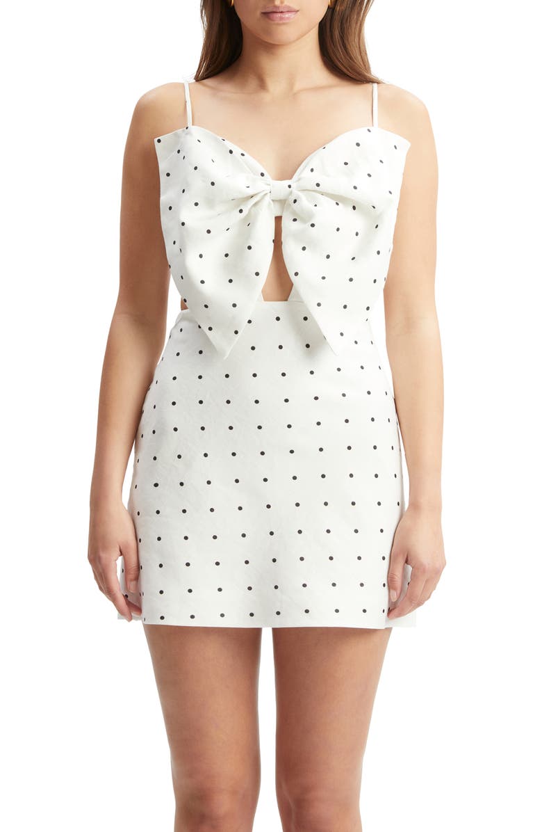 Bardot Vieda Bow Linen Minidress, Alternate, color, White Black Spot