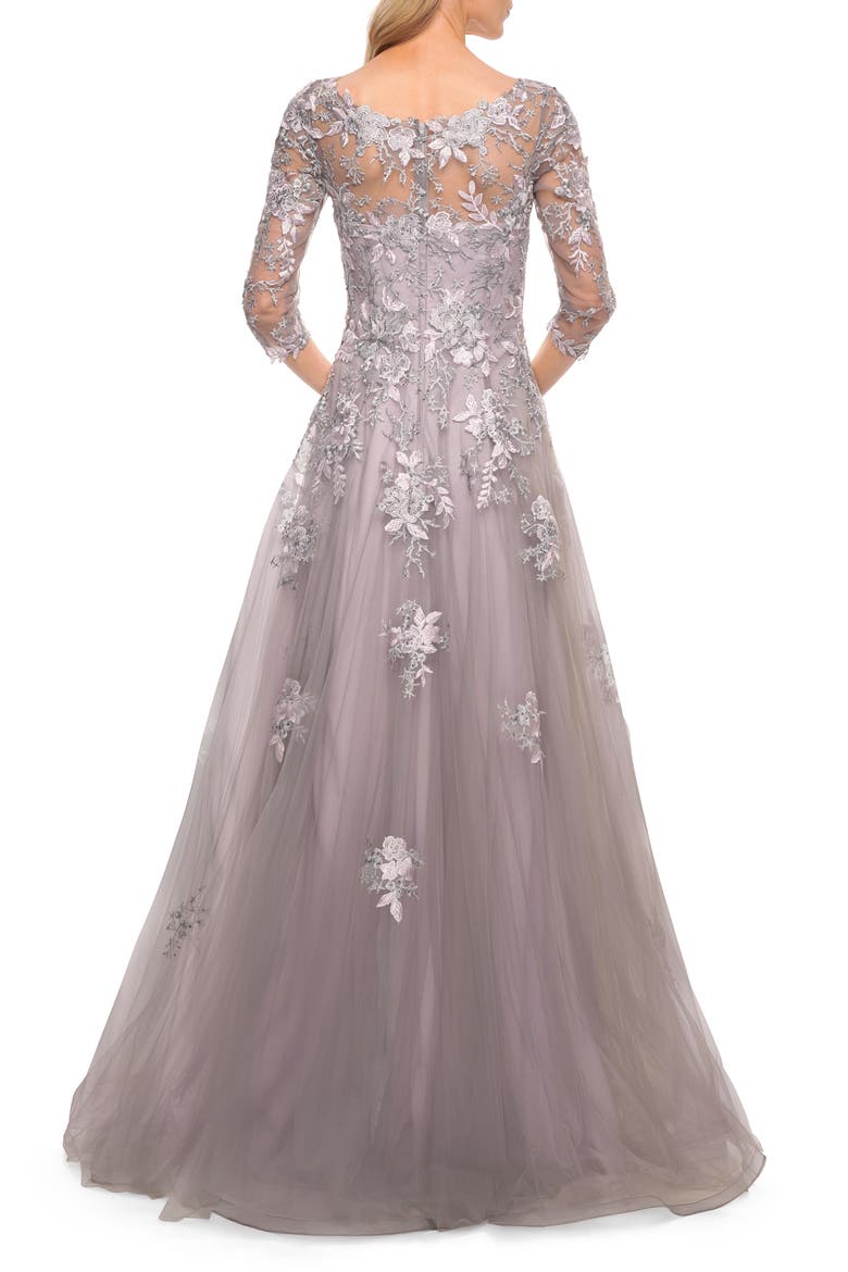 Elegant A-Line Gown with Lace Applique and V Neck, Alternate, color, Silver/Pink