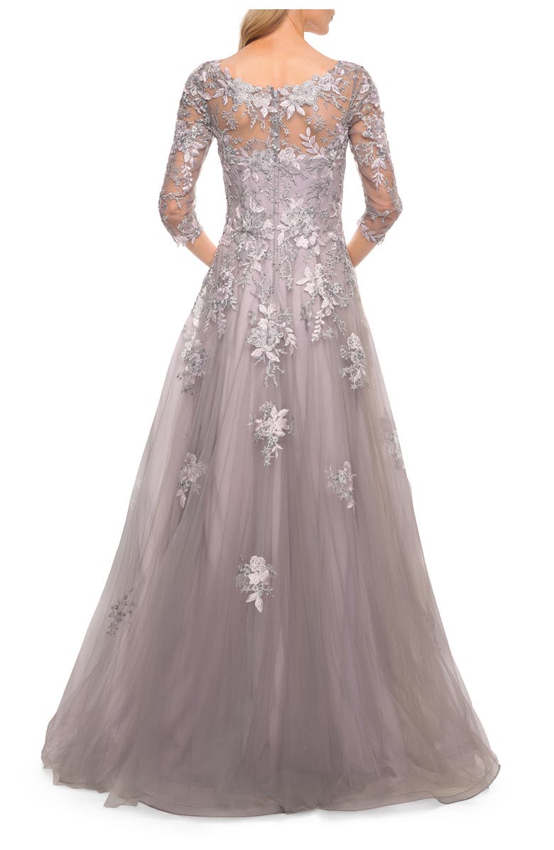 La Femme Elegant A-Line Gown with Lace Applique and V Neck, Alternate, color, Silver/Pink