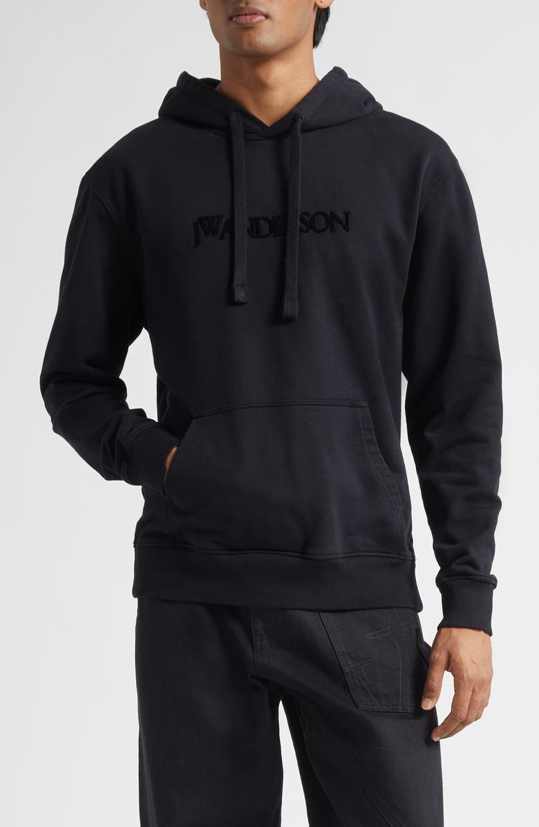 JW Anderson Logo Embroidered Hoodie, Main, color, Black