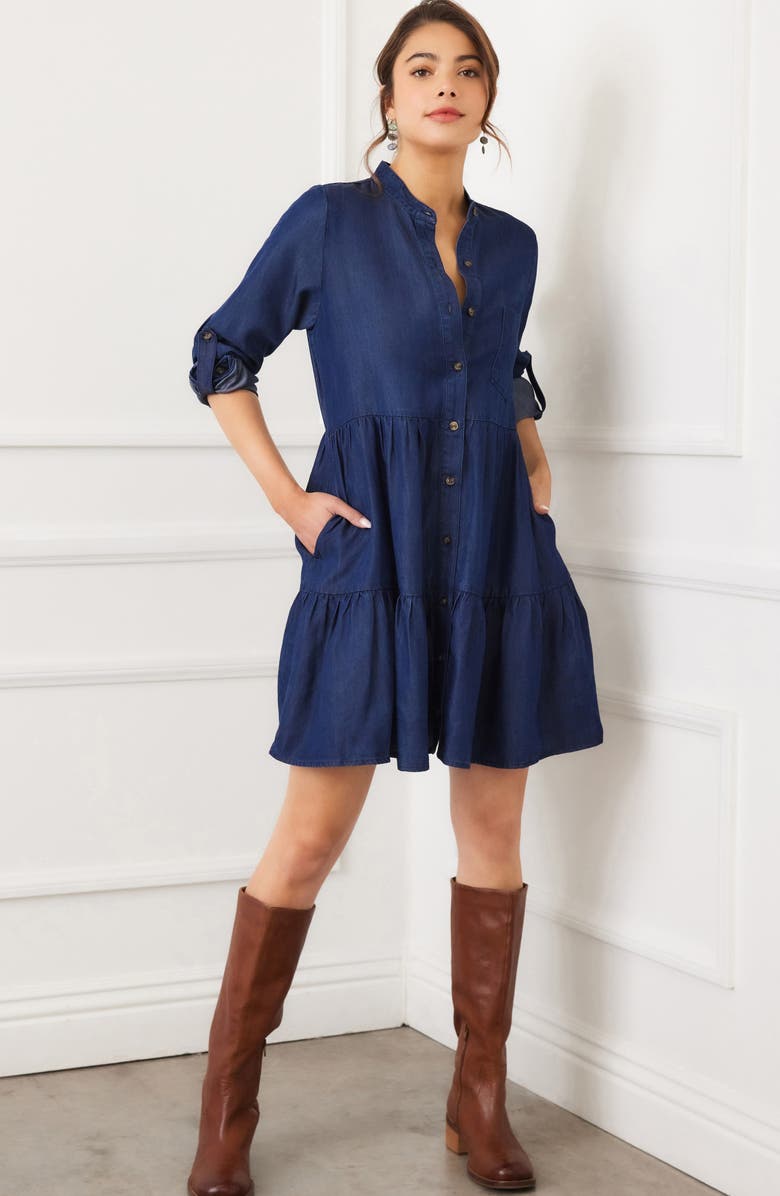 Karen Kane Tiered Denim Shirtdress, Alternate, color, Chambray Blue