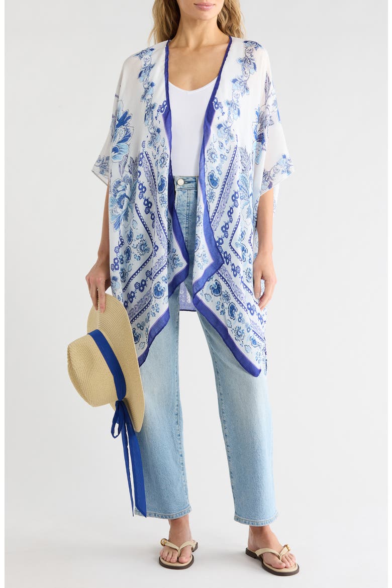 Floral Scarf Print Ruana & Straw Hat Set, Alternate, color, BLUE