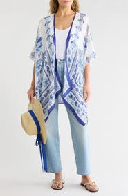 Vince Camuto Floral Scarf Print Ruana & Straw Hat Set