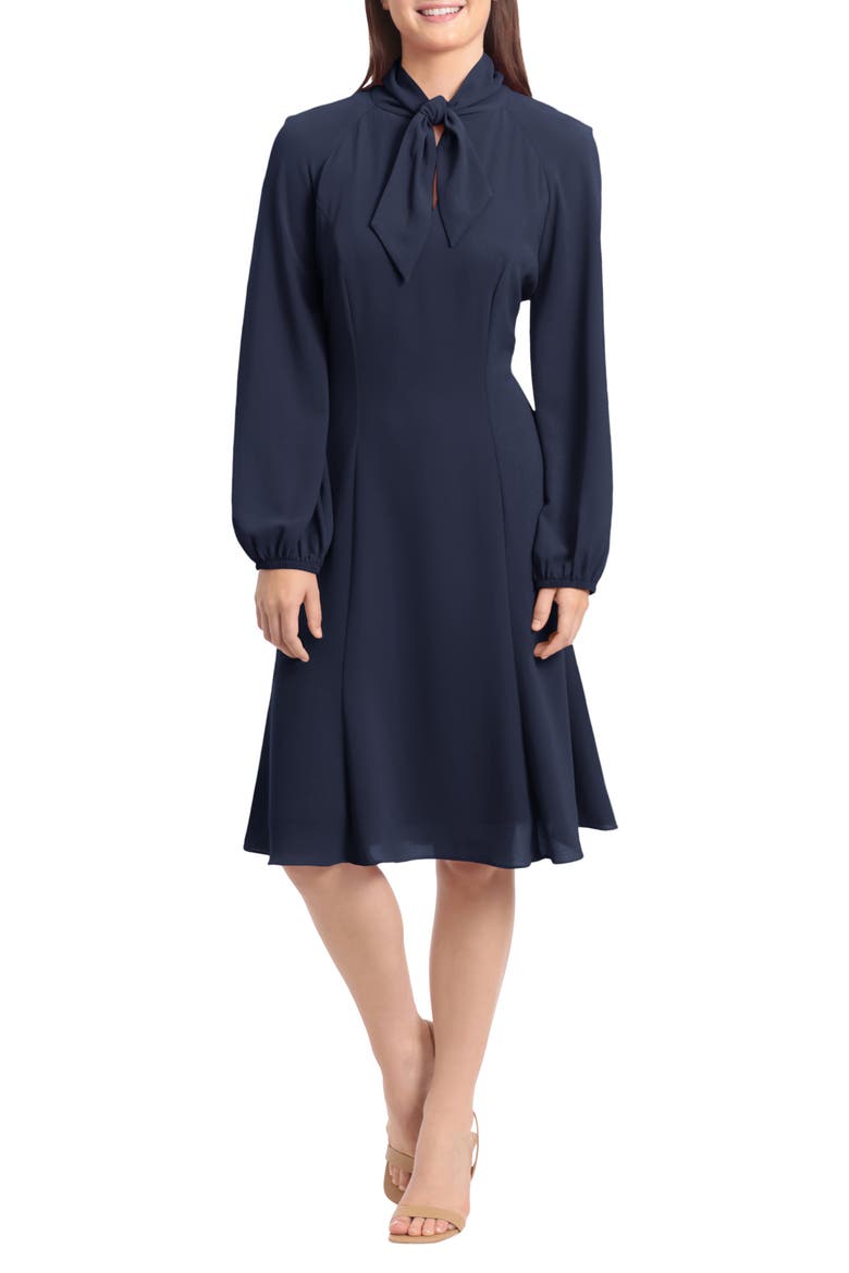 Tie Neck Long Sleeve Fit & Flare Dress, Main, color, MYSTERY NAVY