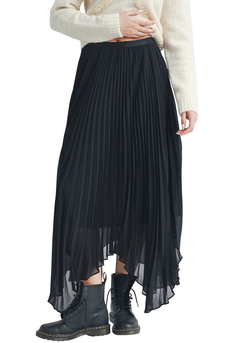 Pleated Handkerchief Hem Chiffon Skirt, Main, color, BLACK