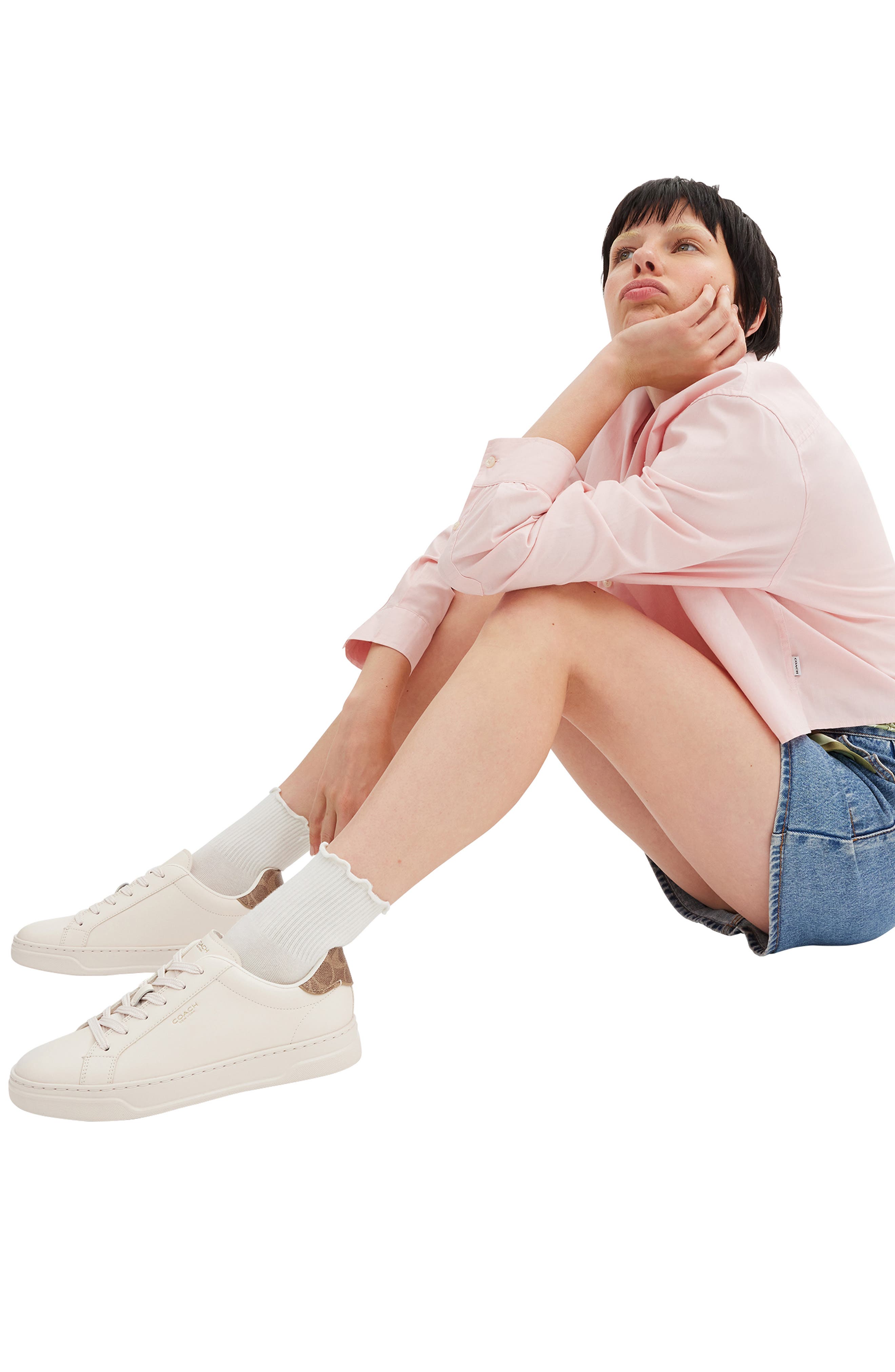 COACH High Line Leather Sneaker, Alternate, color, Chalk/ Brown Khaki