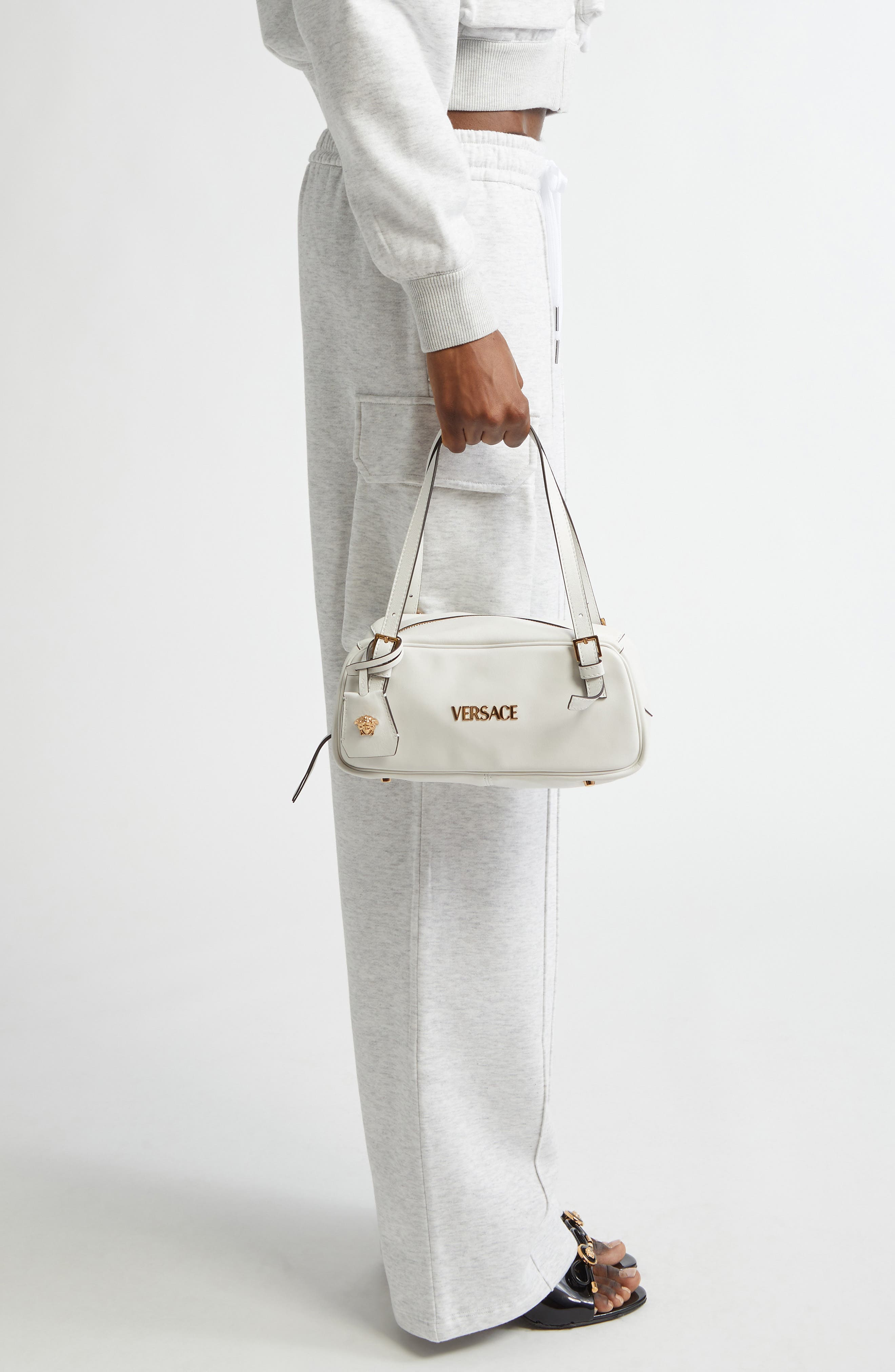 Small Logo East/West Leather Shoulder Bag, Alternate, color, PORCELAIN WHITE VERSACE GOLD