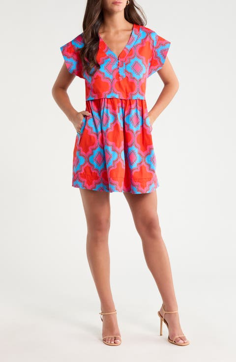 Devany Jolene Abstract Print Cotton Trapeze Minidress