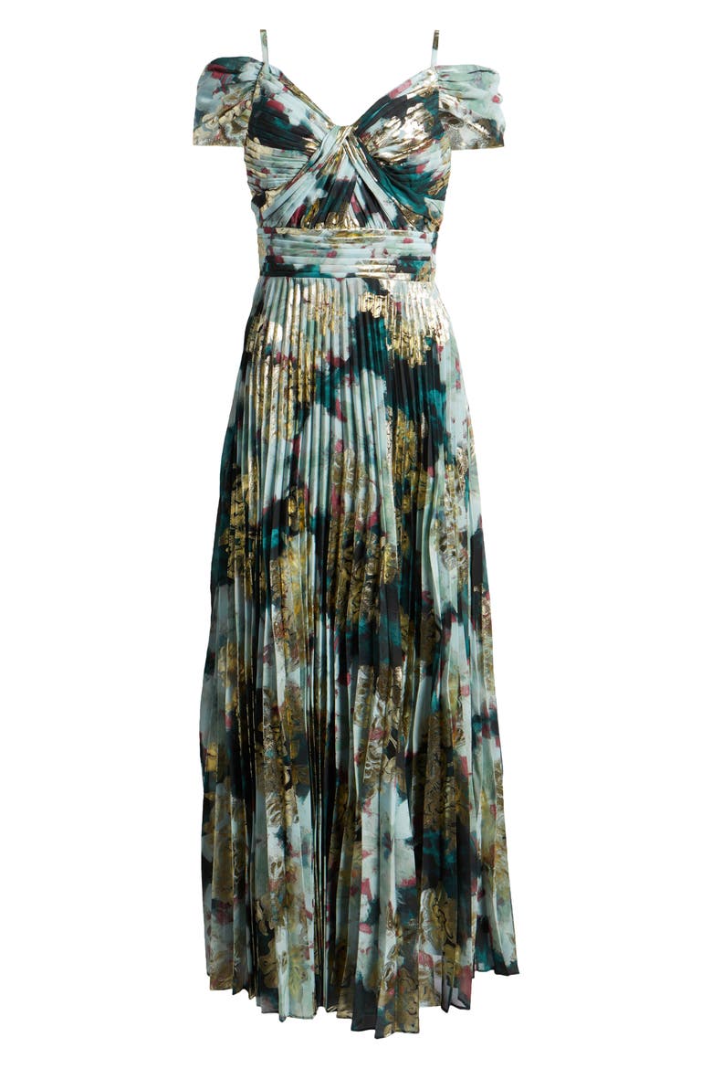 Cold Shoulder Pleated Gown, Alternate, color, SPRUCE GOLD