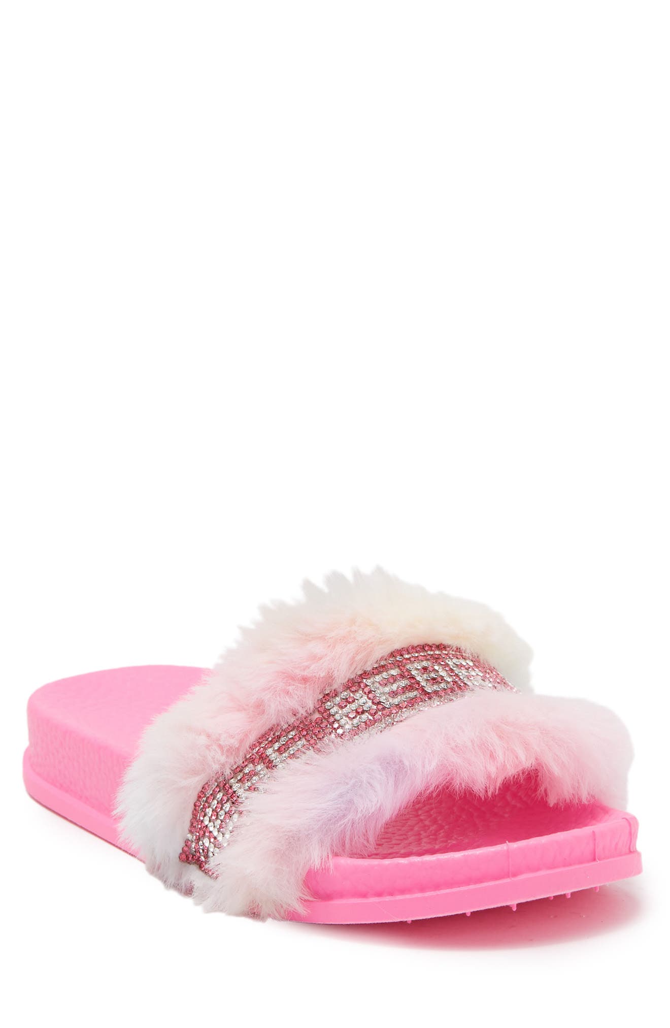 Rhinestone Logo Faux Fur Slide Sandal, Main, color, PINK MULTI