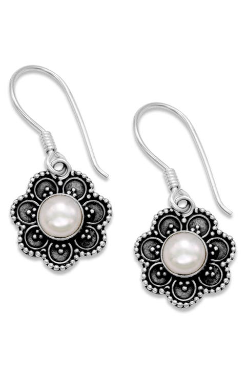 Sterling Silver Freshwater Pearl Flower Drop Earrings