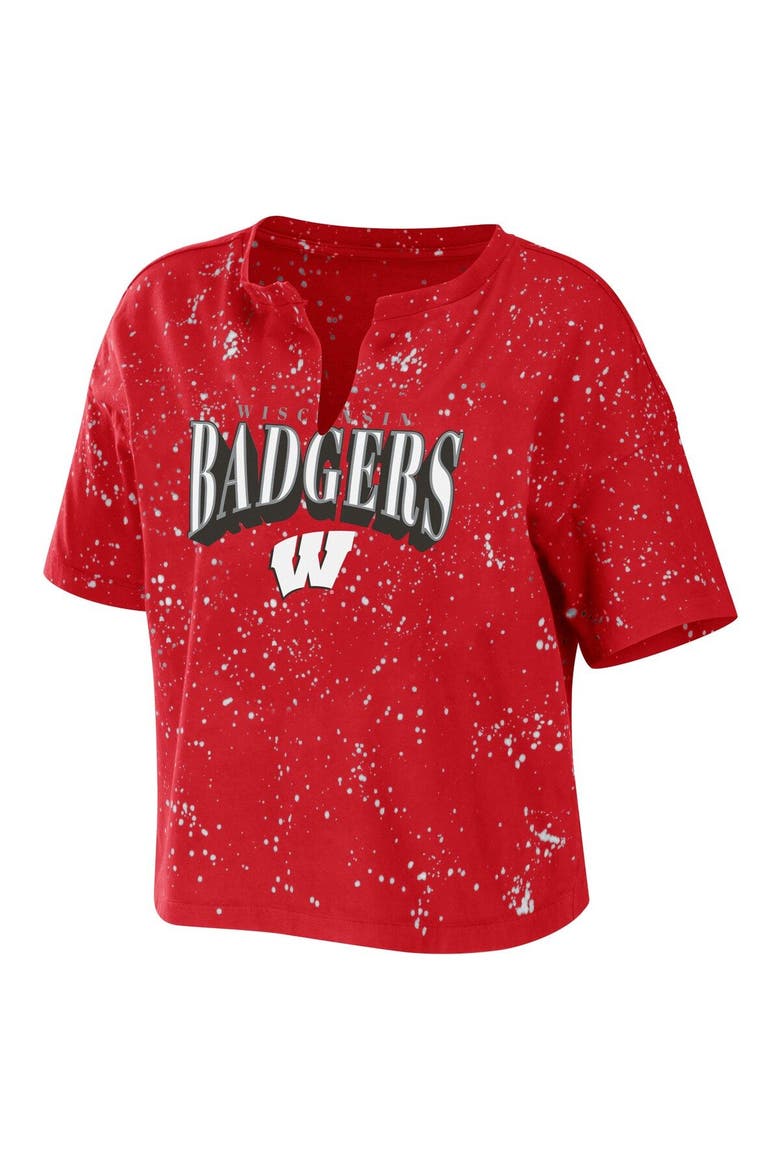 Women's WEAR by Erin Andrews Red Wisconsin Badgers Bleach Wash Splatter Cropped Notch Neck T-Shirt, Alternate, color, Red