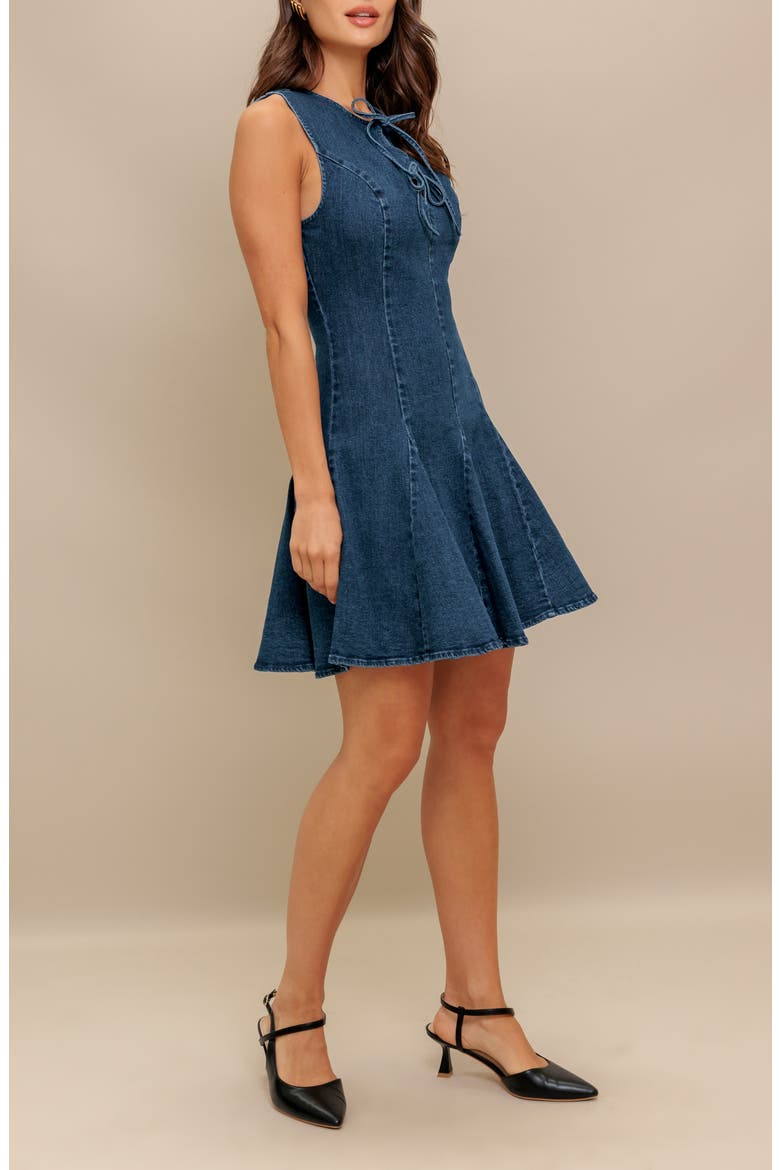 Tie Neck Denim Minidress, Alternate, color, MEDIUM INDIGO