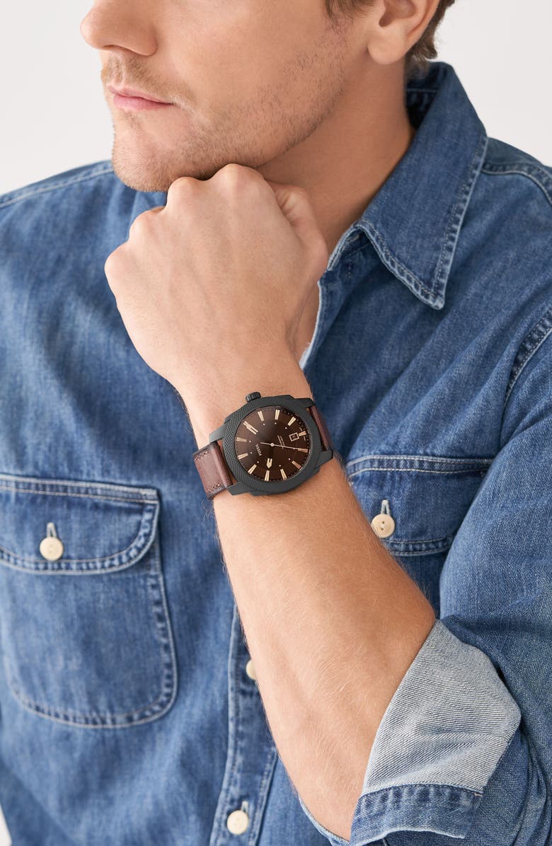 Fossil Machine Leather Strap Watch, 49mm, Alternate, color,