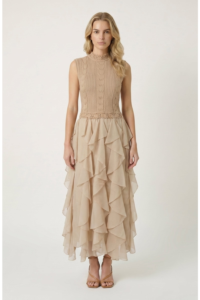 Sleeveless Knit Dress with Crochet Detail and Layered Chiffon Ruffle Skirt, Main, color, Tan