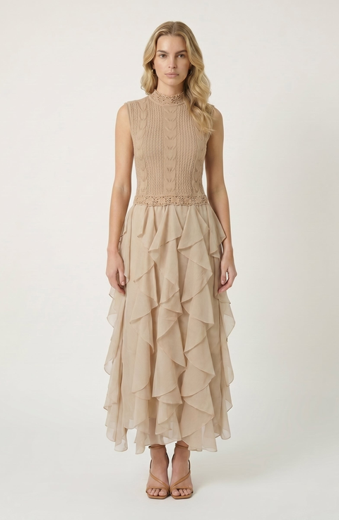 Sleeveless Knit Dress with Crochet Detail and Layered Chiffon Ruffle Skirt