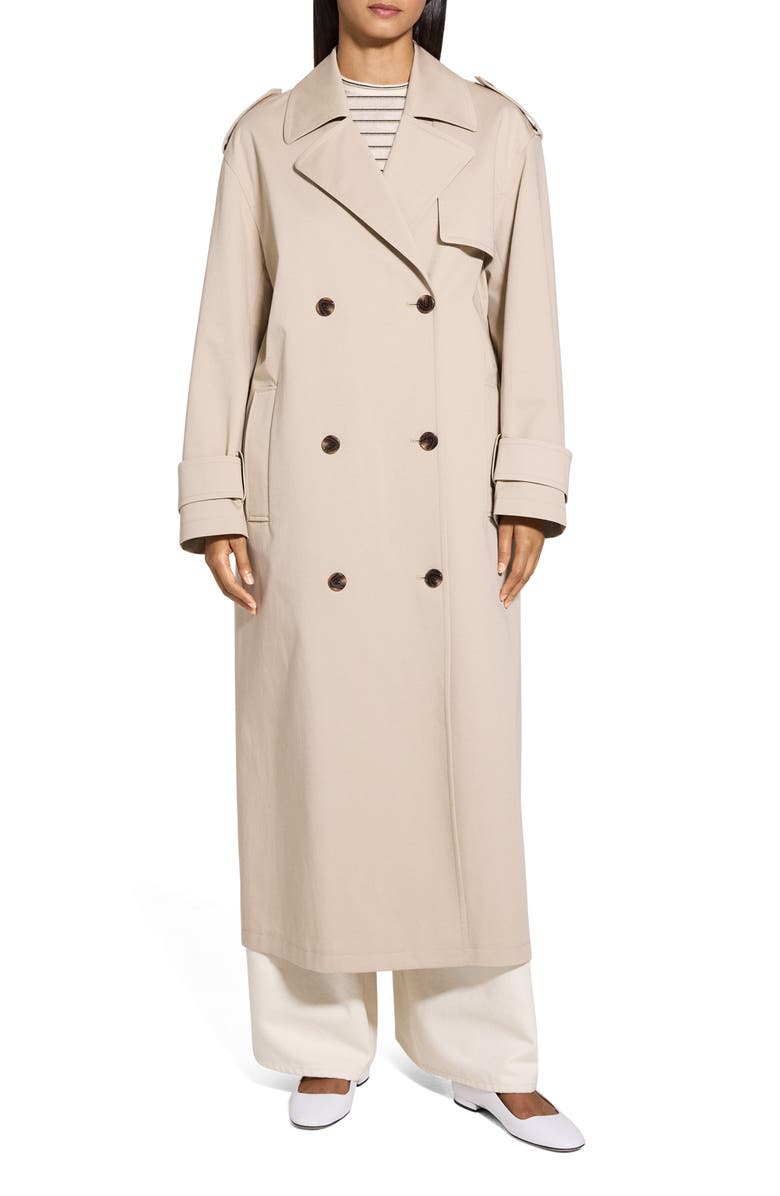 Theory Oversize Stretch Cotton Trench Coat, Main, color, Soft Taupe