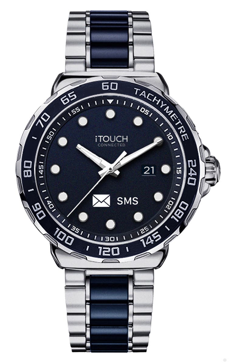 I TOUCH Men's iTouch Connected Hybrid Smartwatch Fitness Tracker: Silver Case with Navy and Silver Metal Strap, 42mm, Main, color, 