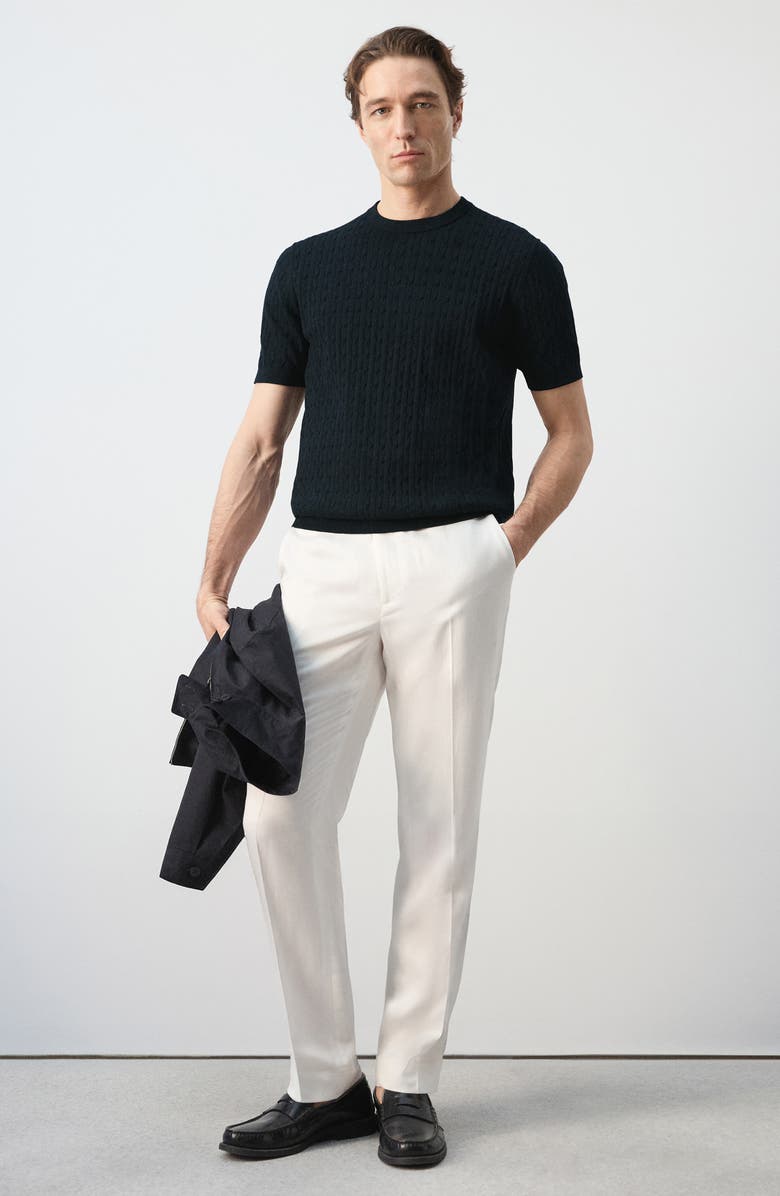 MANGO Cable Stitch Short Sleeve Cotton Sweater, Alternate, color, Night Blue