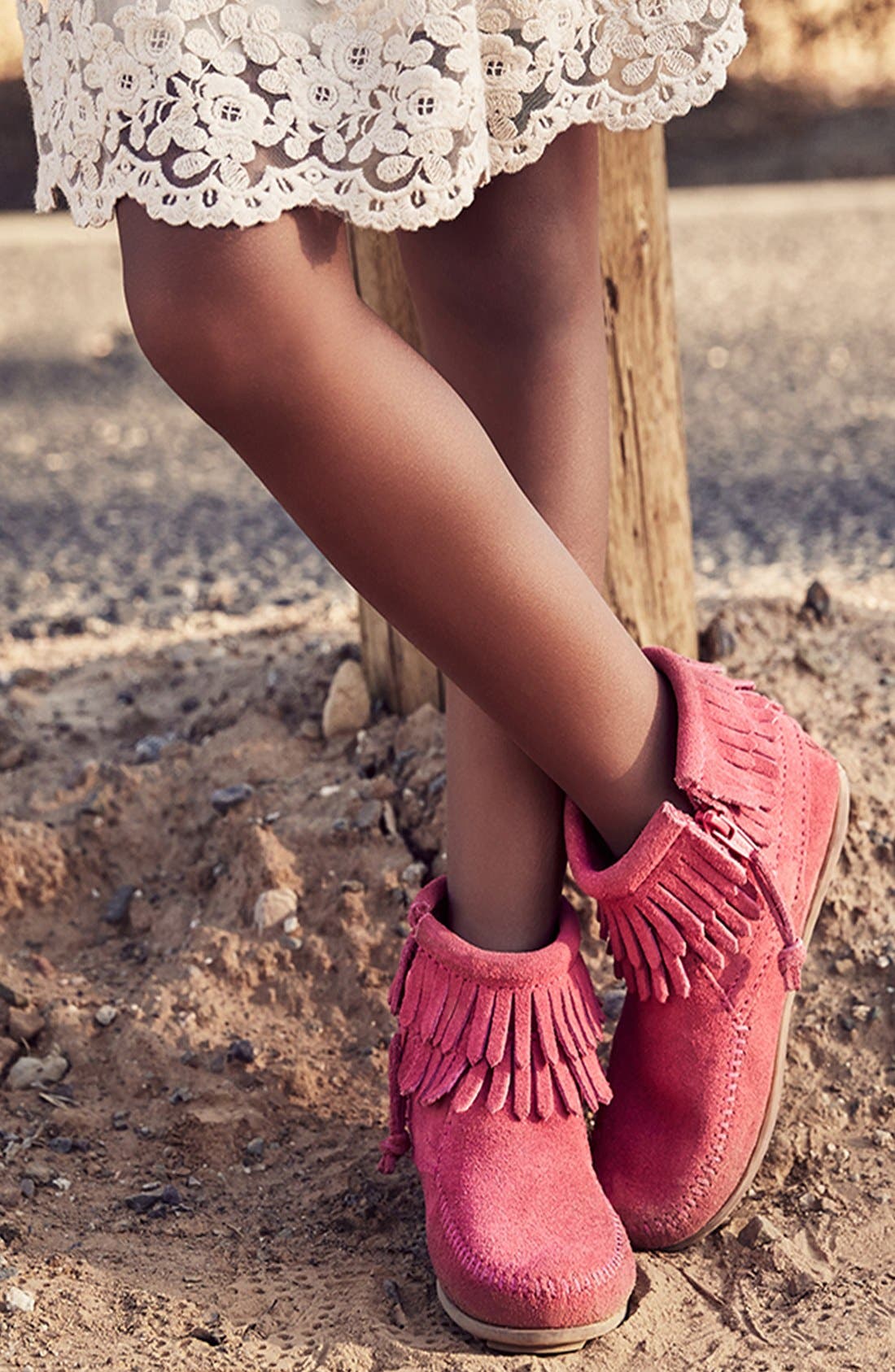 Minnetonka 'Double Fringe' Boot, Alternate, color, Hot Pink