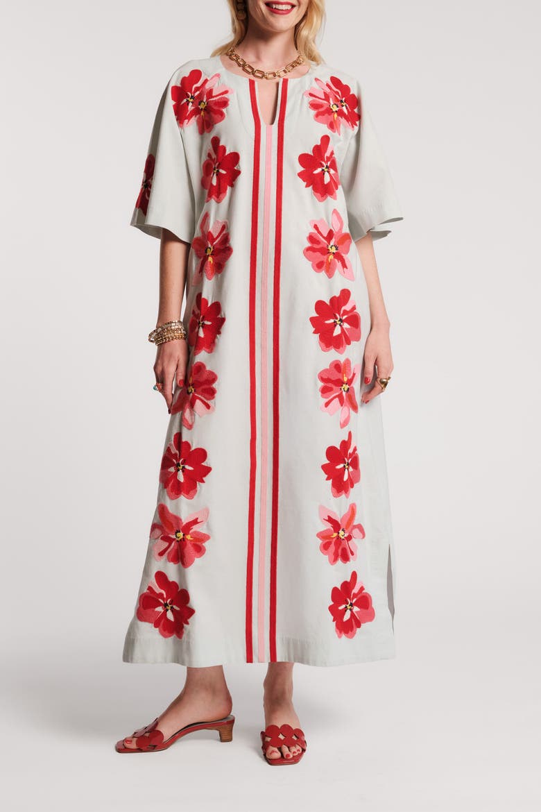 Charming Caftan Maxi Georgia Embroidery, Main, color, Light Blue/Red/Pink