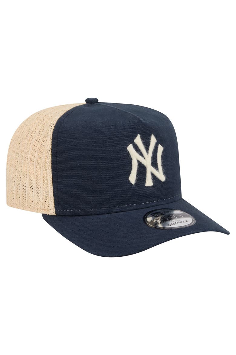 Men's New Era  Navy/Natural New York Yankees Grained 9FIFTY A-Frame Trucker Adjustable Hat, Alternate, color, Navy