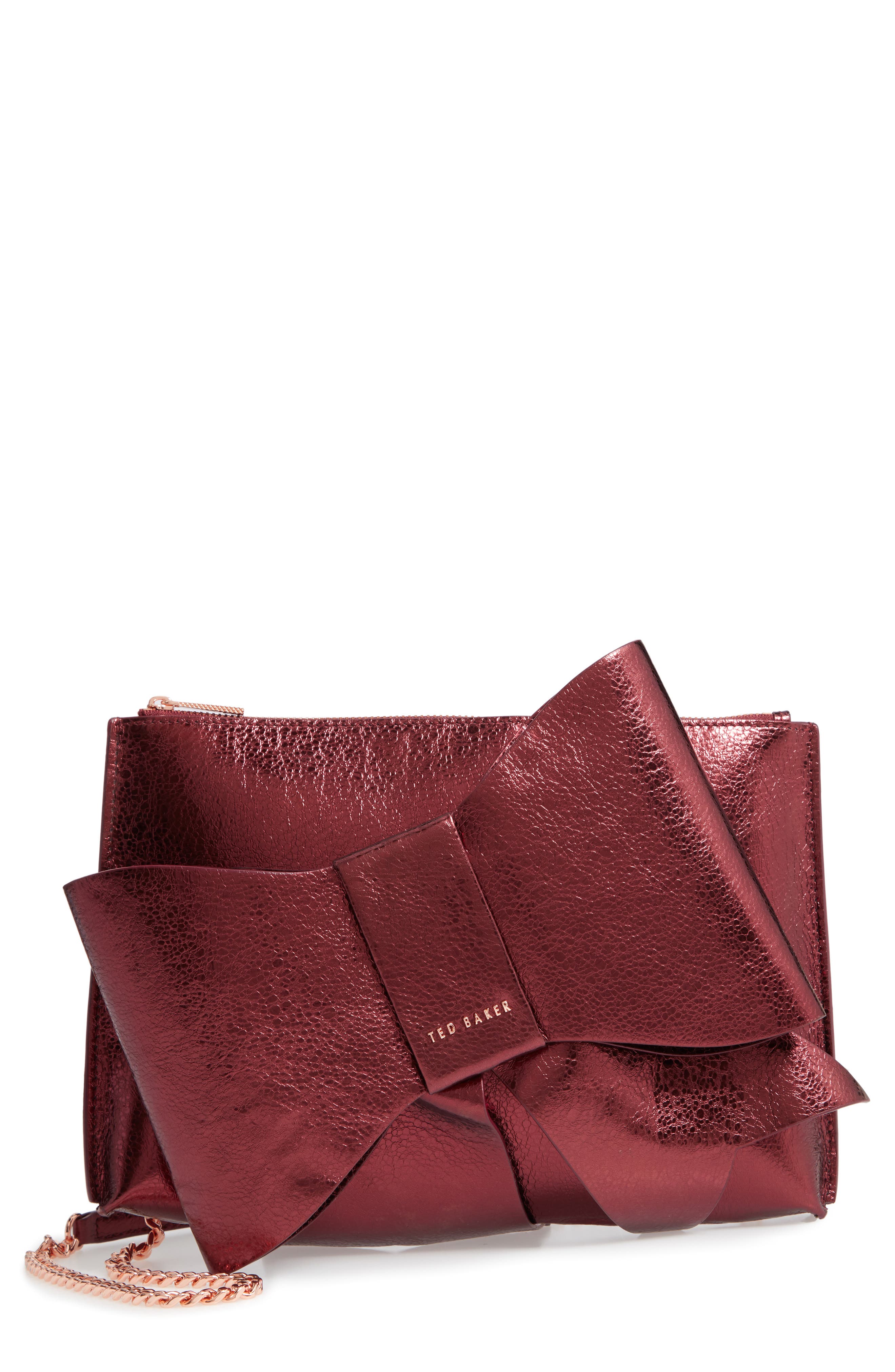 Aliysa Crackle Bow Leather Clutch, Main, color, MAROON