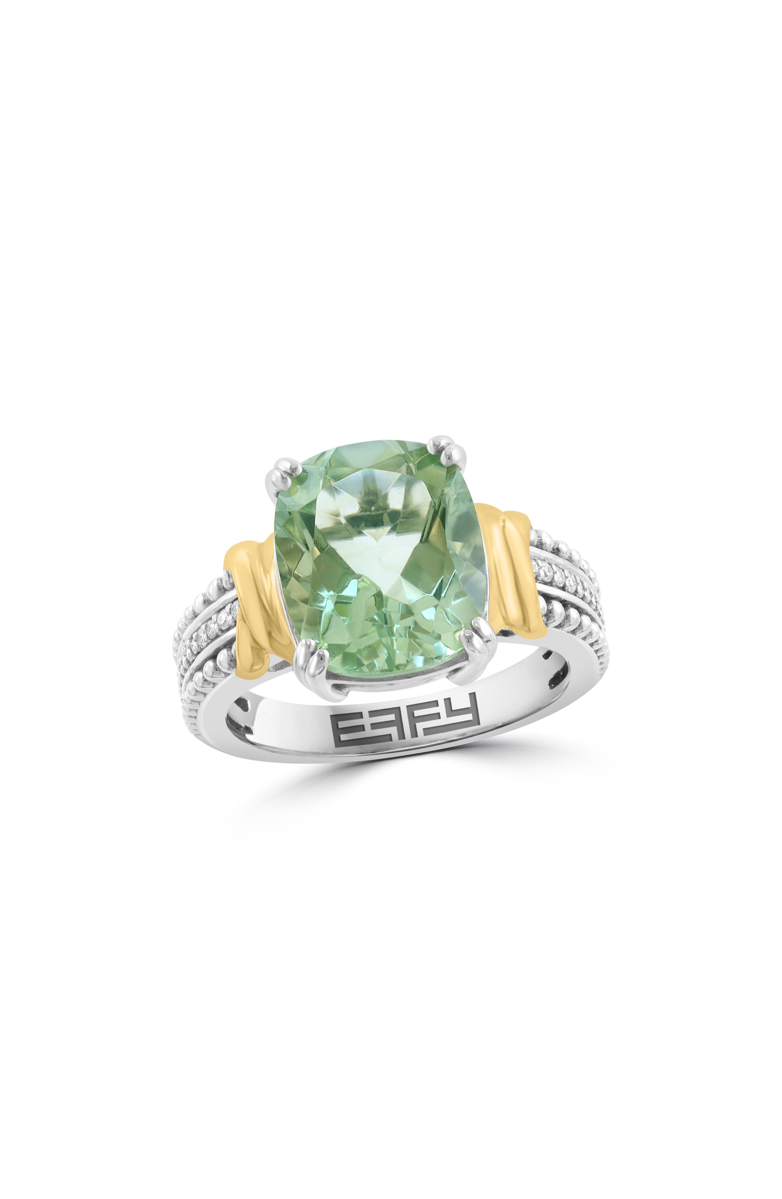 EFFY Sterling Silver & 14K Gold Oval Green Quartz & Diamond Ring