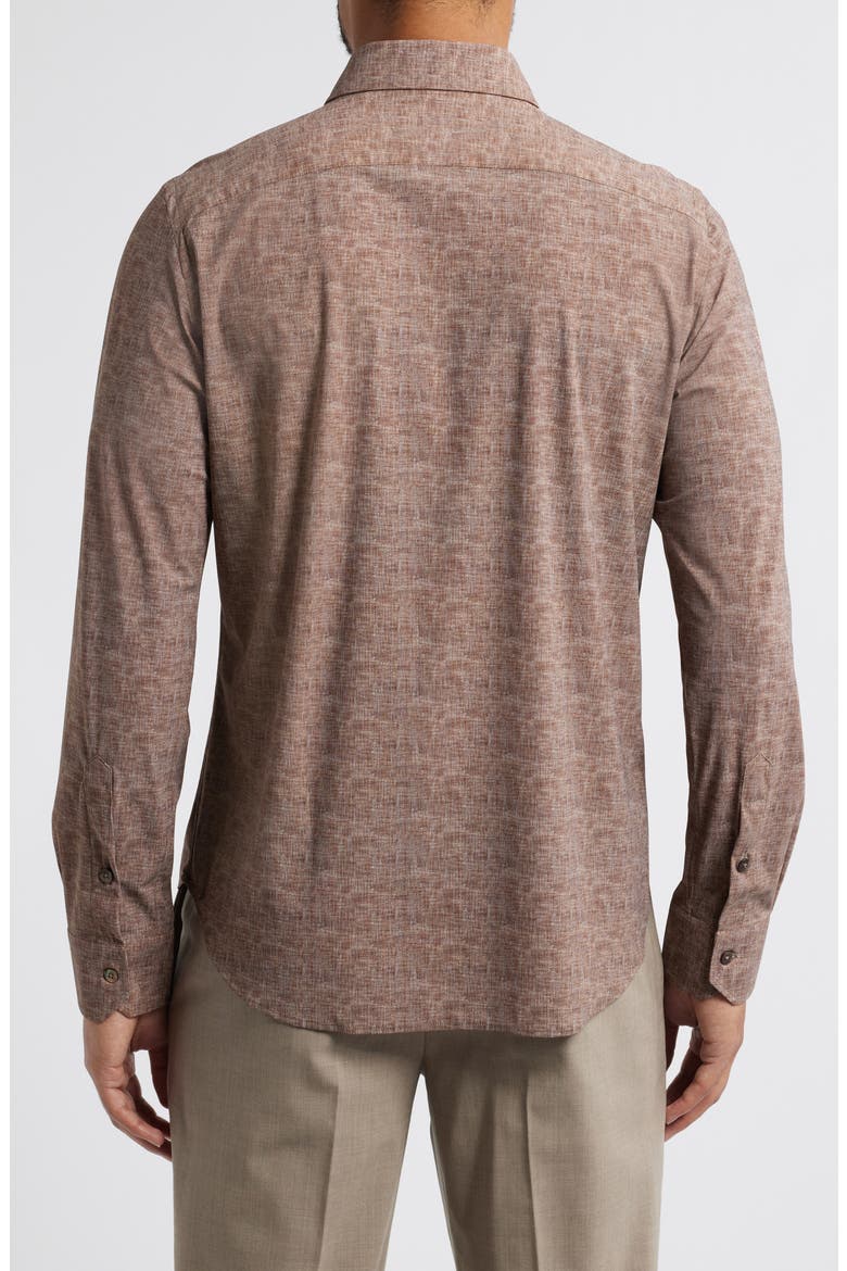 Jagged Heathered Herringbone Print Knit Nylon Blend Dress Shirt, Alternate, color, BROWN