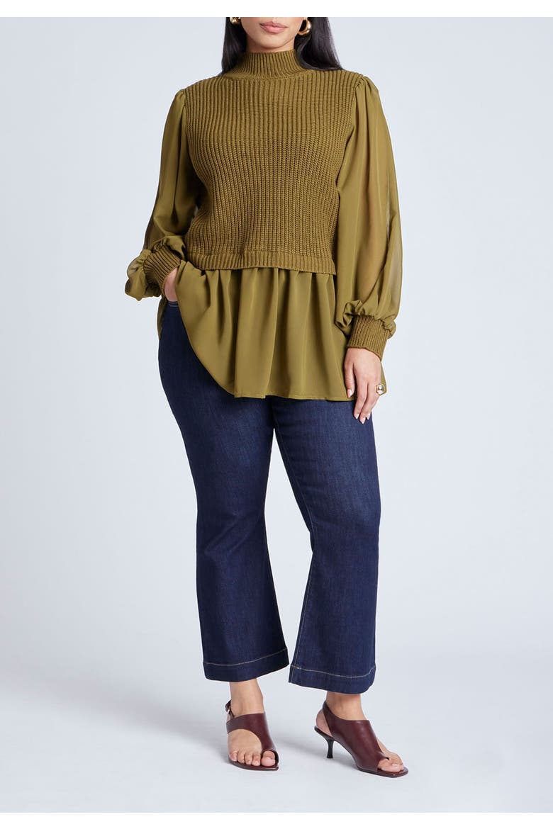 Twofer Sweater With Chiffon, Alternate, color, FIR GREEN