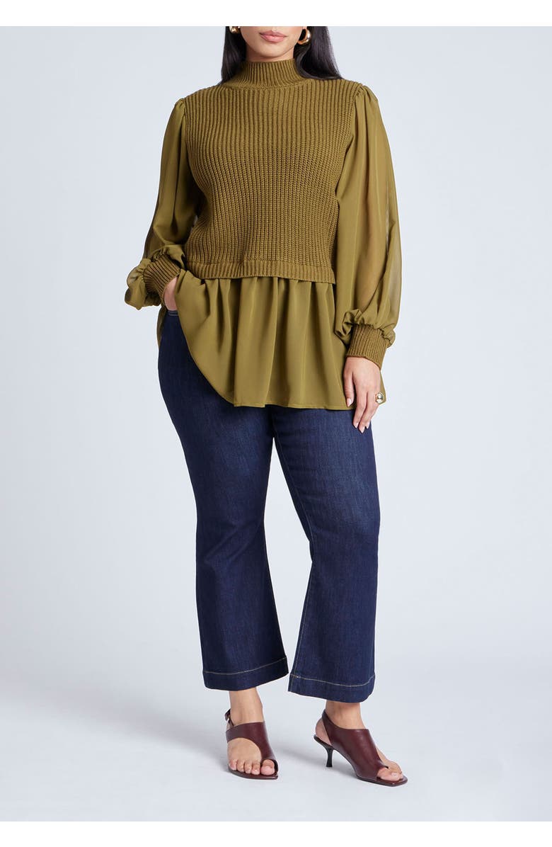 ELOQUII Twofer Sweater With Chiffon, Alternate, color, Fir Green