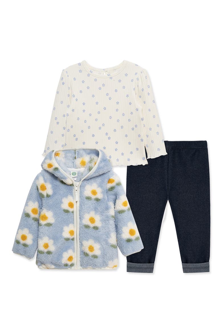 Floral High Pile Fleece Jacket, T-Shirt & Knit Jeans Set, Main, color, BLUE