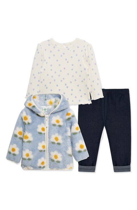 Floral High Pile Fleece Jacket, T-Shirt & Knit Jeans Set