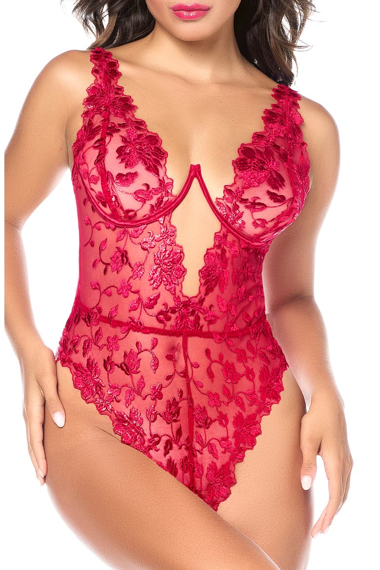 Embroidered Underwire Teddy, Main, color, RED
