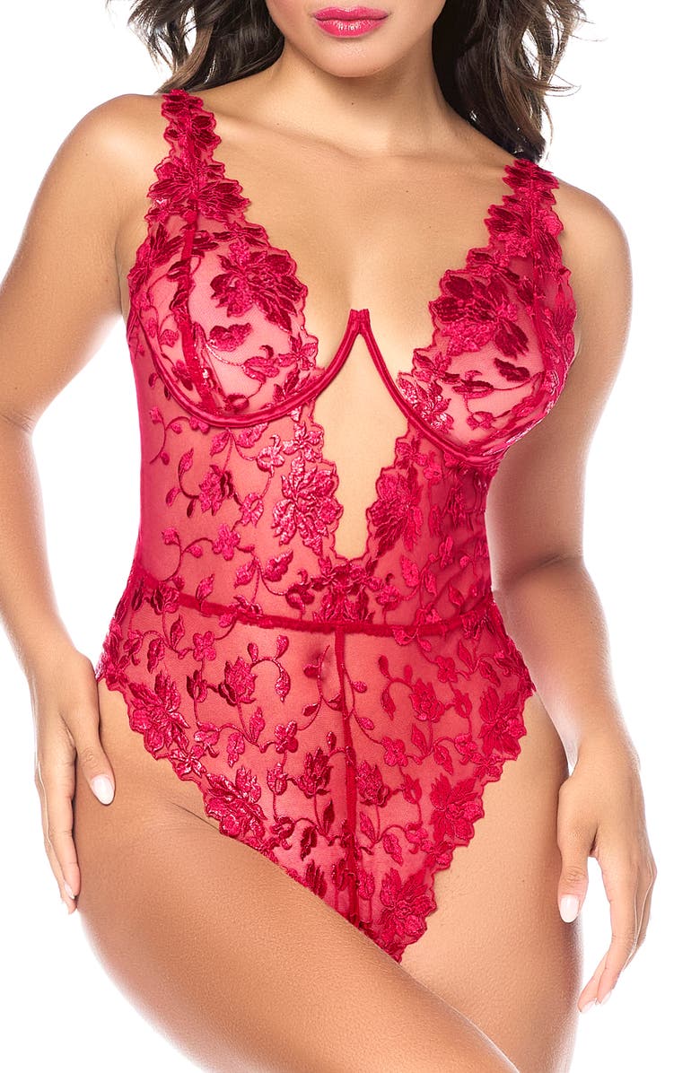 Mapale Embroidered Underwire Teddy, Main, color, Red