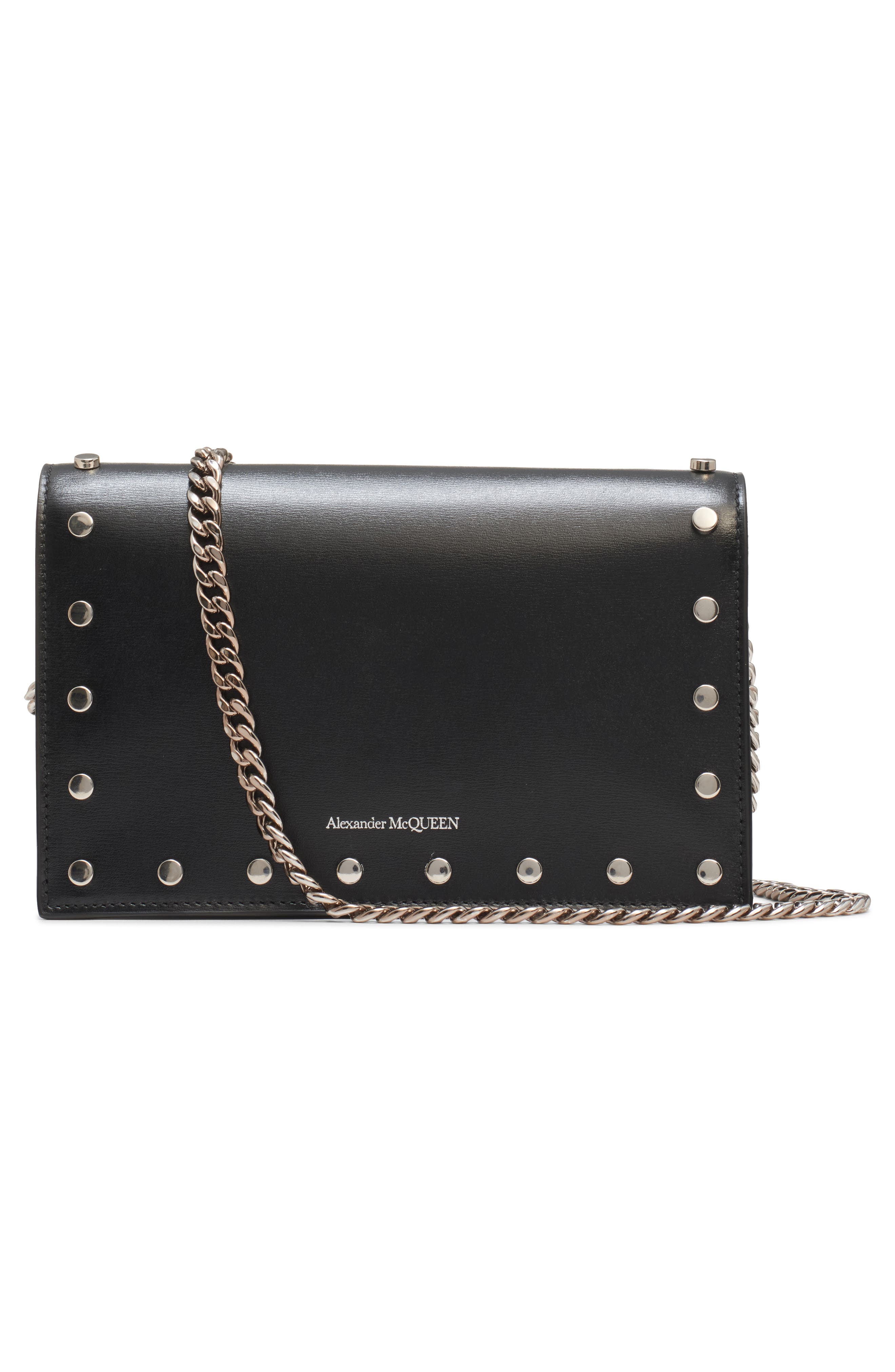 McQueen Small Skull Leather Crossbody Bag, Alternate, color, Black/ Silver