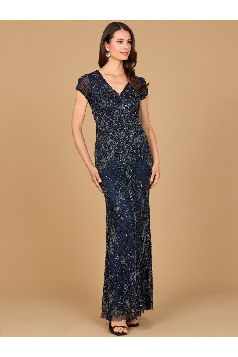Cap Sleeve Mermaid Beaded Gown, Alternate, color, Navy