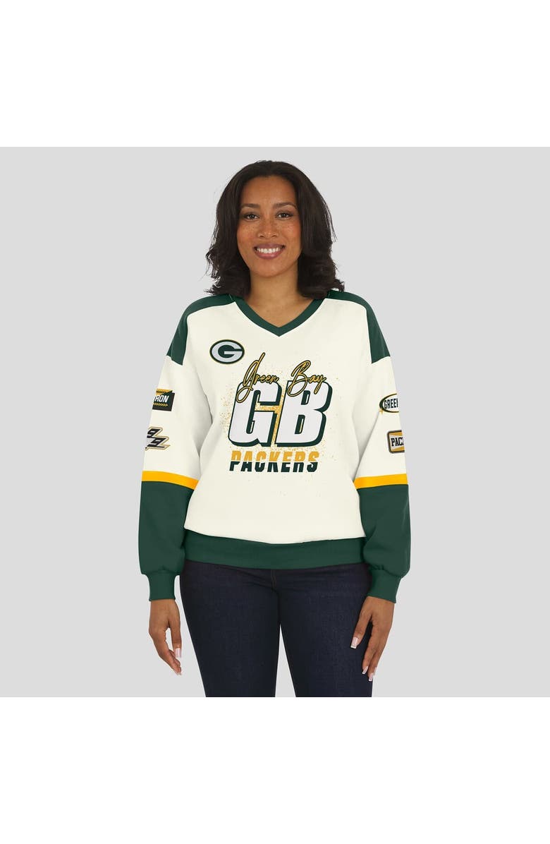 WEAR by Erin Andrews Women's WEAR by Erin Andrews  Cream Green Bay Packers Racing Crew V-Neck Sweatshirt, Alternate, color, 
