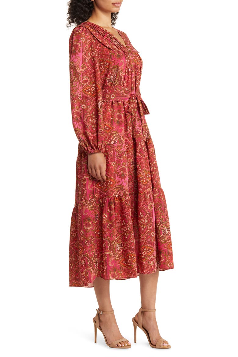 Paisley Long Sleeve Belted Midi Dress, Alternate, color, RED MULTI