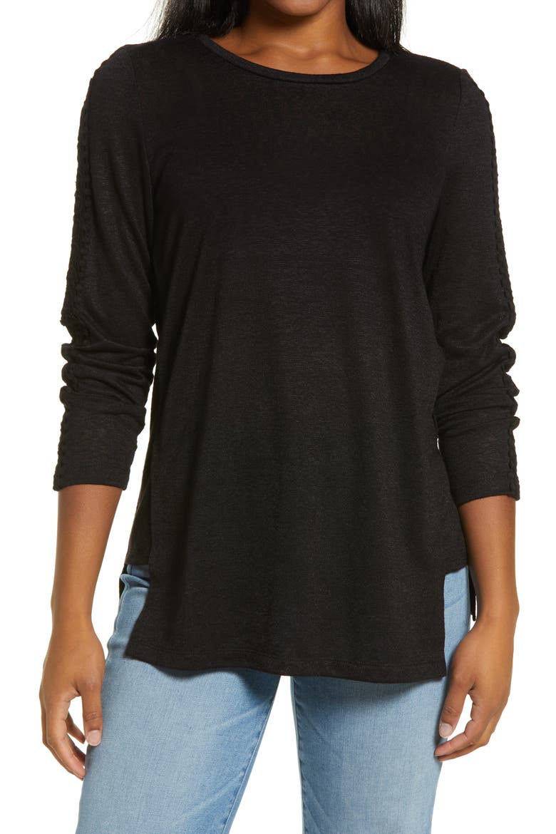 Lace Trim Top, Main, color, BLACK