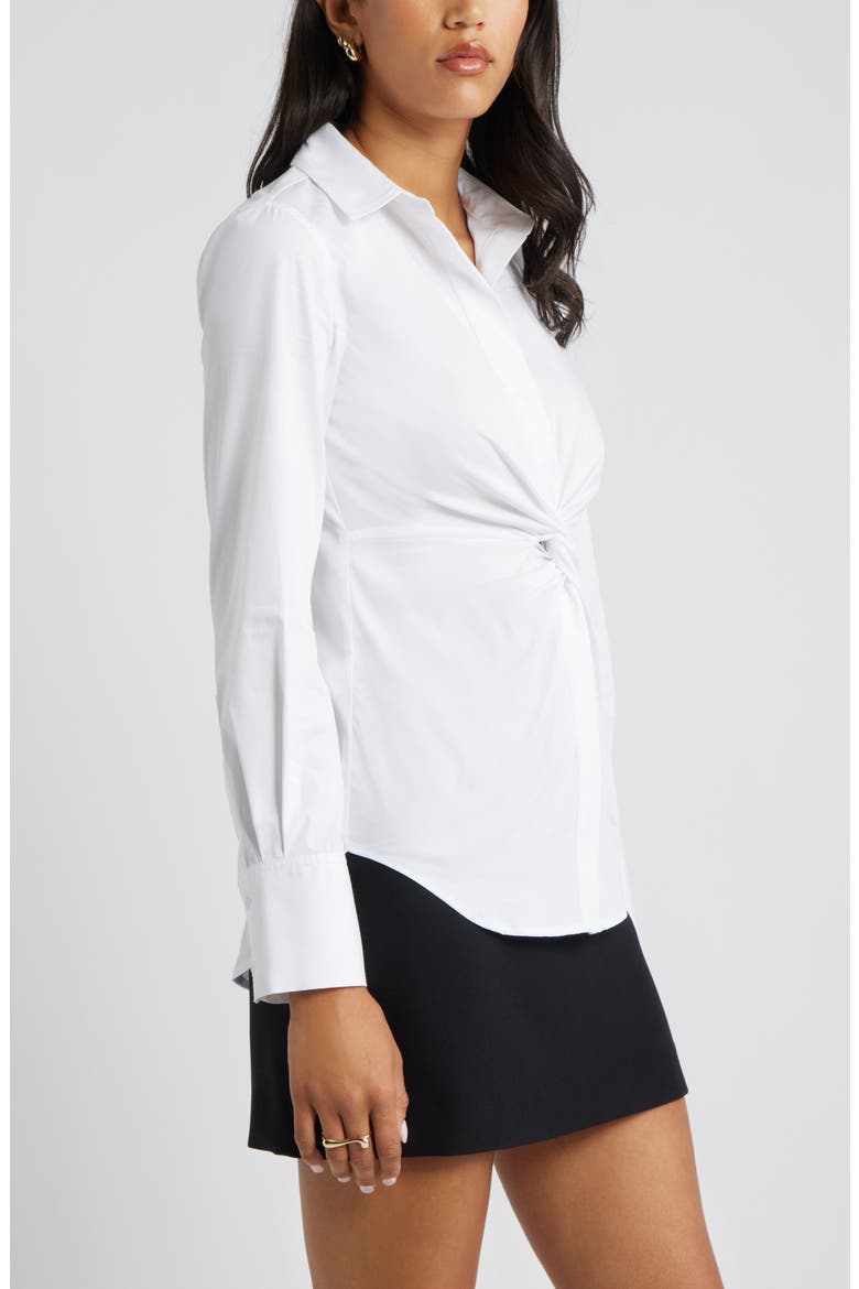 Twist Front Stretch Cotton Blend Button-Up Shirt, Alternate, color, WHITE