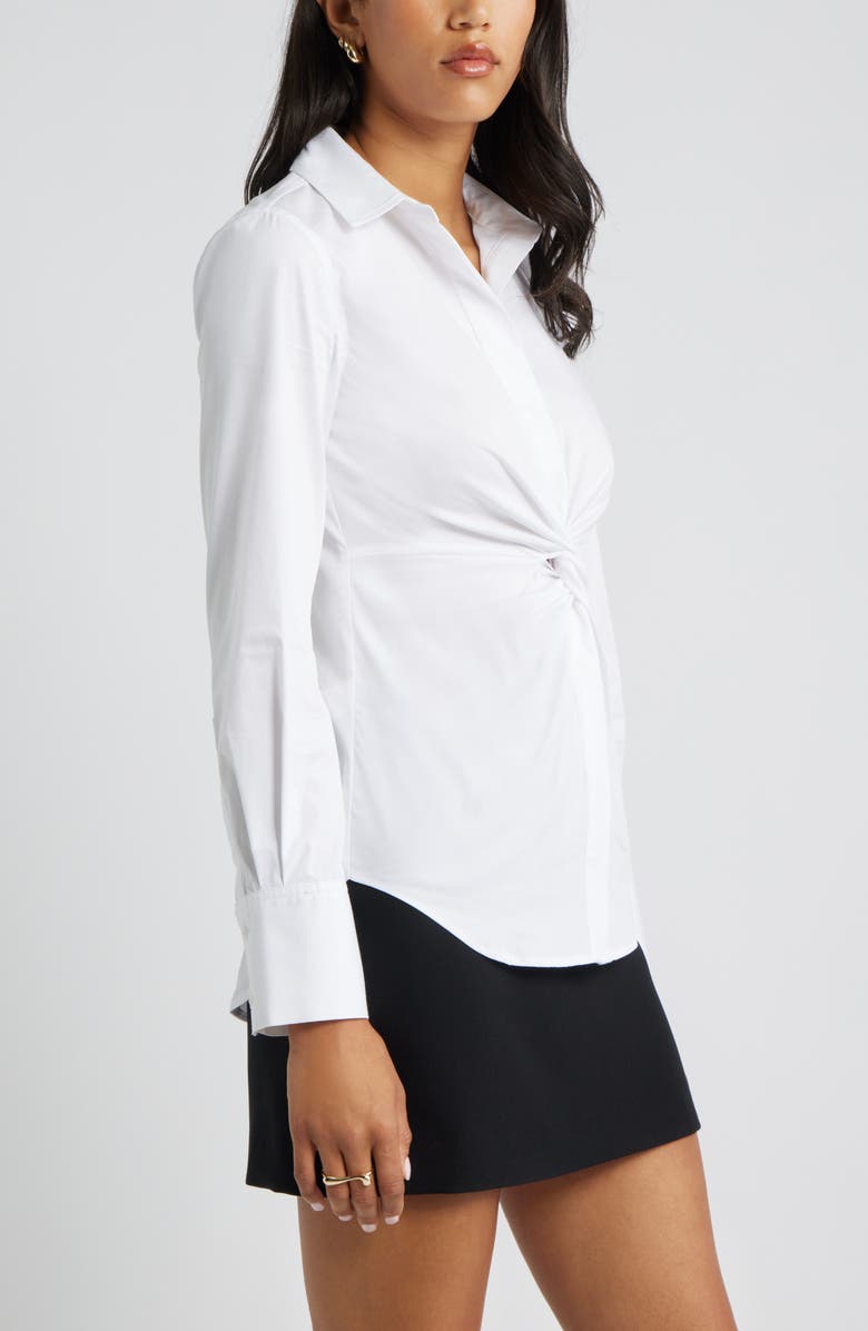 Open Edit Twist Front Stretch Cotton Blend Button-Up Shirt, Alternate, color, White