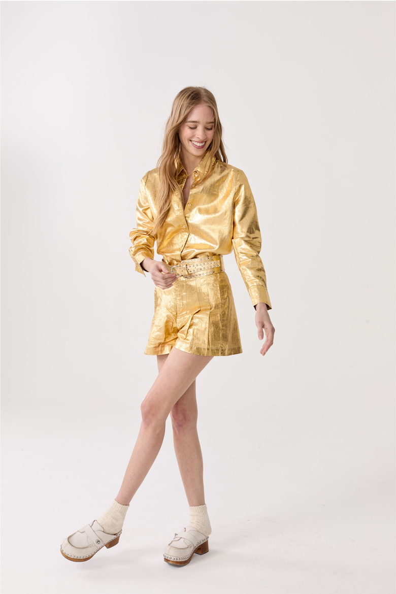 Frida Metallic Linen Shorts, Alternate, color, Gold