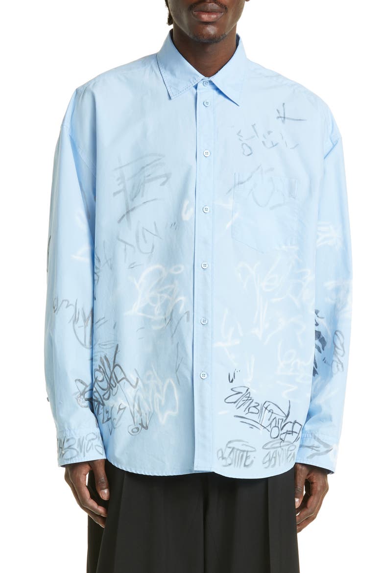 Gender Inclusive Graffiti Print Oversize Cotton Poplin Button-Up Shirt, Main, color, SKY BLUE