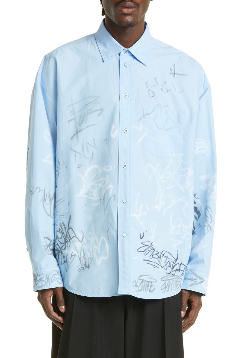 Balenciaga Gender Inclusive Graffiti Print Oversize Cotton Poplin Button-Up Shirt, Main, color, 