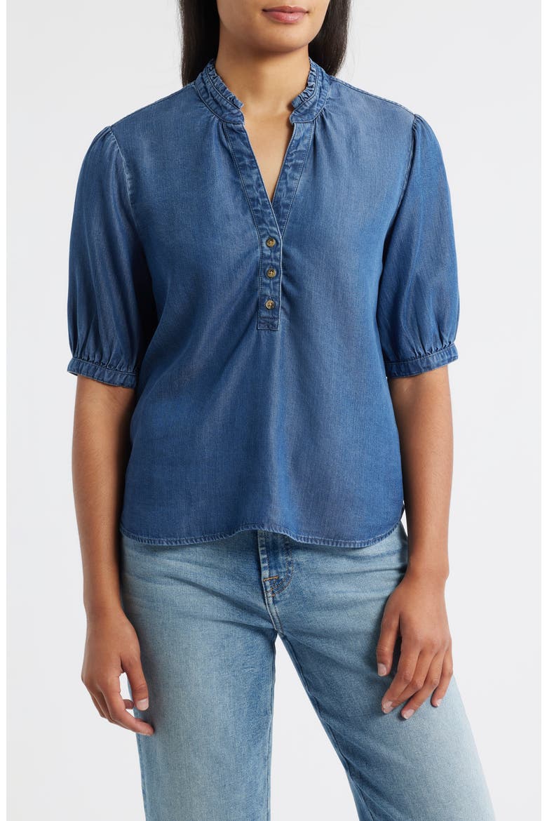 Puff Sleeve Half Placket Chambray Top, Main, color, DARK TWILIGHT WASH