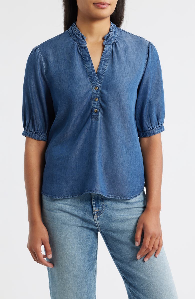 Cloth & Stone Puff Sleeve Half Placket Chambray Top, Main, color, Dark Twilight Wash