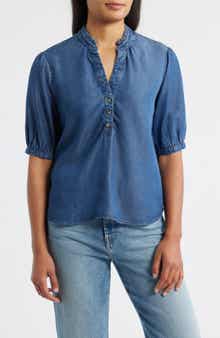 Cloth & Stone Puff Sleeve Half Placket Chambray Top